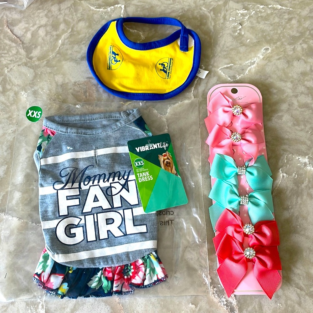 NWT tiny toy dog accessories ruffle tank dress and bows bib bundle set all new